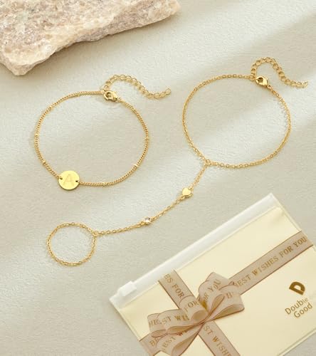 doubgood Gold Bracelets for Women, 5 Piece 14K Gold Plated Bracelet Stack Beaded Ball Jewelry Sets Gifts for Women - color: Style 5-Gold Hand Chain+S