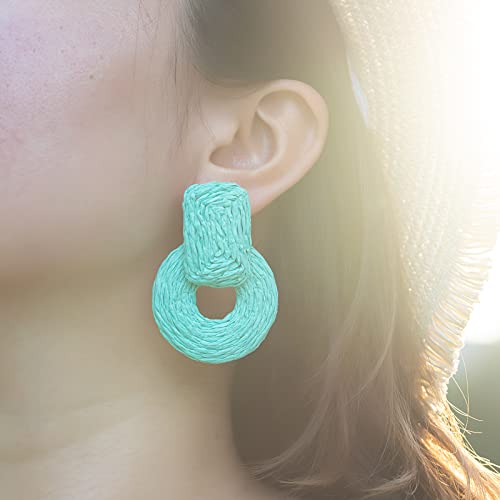 Statement Raffia Earrings Cute Boho Earrings Rattan Dangle Earrings Handmade Straw Wrap Earrings Summer Drop Dangling Earrings for Women Teen Girls - color: Turquoise Blue