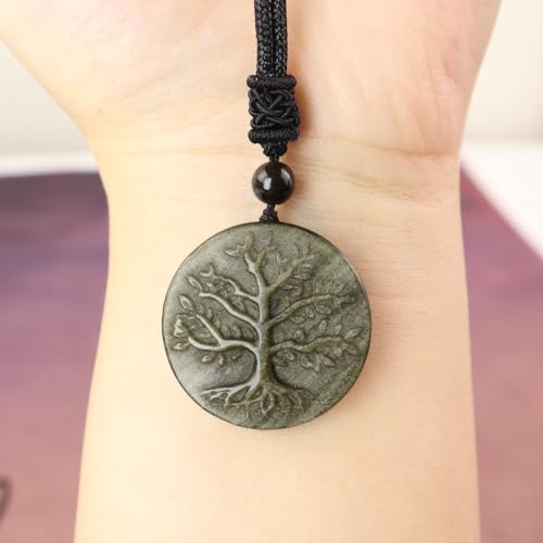 Obsidian Tree of Life Necklaces Orgonite Healing Crystal Stone Pendant Necklace for Spiritual Healing and Meditation Energy Talisman Sacred for Men Women - color: Gold Sheen Obsidian 1