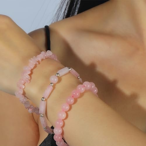 3Pcs Natural Stone Bracelets for Women 8mm Crystal Beaded Bracelets Handmade Stretch Bracelet Healing Crystal Jewelry for Women - style: Rose Quartz