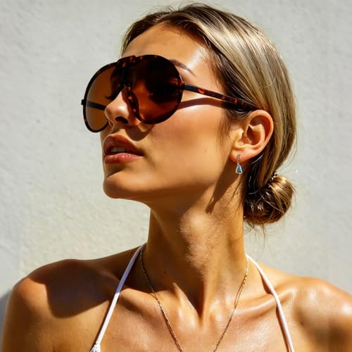 Dollger Oversized One Piece Sunglasses For Women Fashion Men Wrap Around UV400 Shield Goggles - color: Leopard Frame Tea Lenses