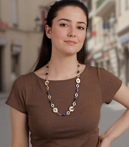 Long Gold Necklaces for Women Dainty Natural Stone Beaded Gold Necklace Mothers Day Gifts Boho Gold Costume Jewelry for Women - color: Navy Blue