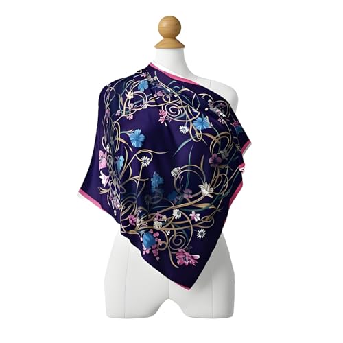 Premium Floral Scarf for Women 35x35 Square Silk Feel-Lightweight Scarves Headscarf Bandanas Wrapping Handbag - color: ‌floral Purple