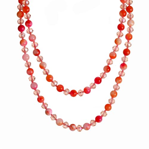 Long Beaded Necklace for Women Boho Colorful Crystal Stone Knot Statement Fashion Costume Jewelry Gifts - color: Pink Peach