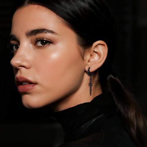 Sonateomber Gothic Silver Black Small Hoop Earrings for Women Men, Punk Hip Hop Engrave Beaded Goth Dangle Drop Earings Halloween Costumes Accessories Prom Fashion Jewelry Gift - color: Black Sword
