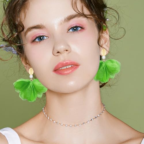 Handmade Fabric Flower Petal Fringe Dangle Drop Earrings Bohemian Floral Tassel Stud Earrings For Women - color: Green