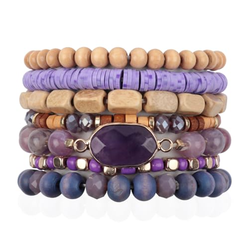 RIAH FASHION Bohemian Beaded Multi Layer Versatile Statement Bracelets - Natural Stone Wood Rondelle Bead Mix Stretch Bangles - color: Purple