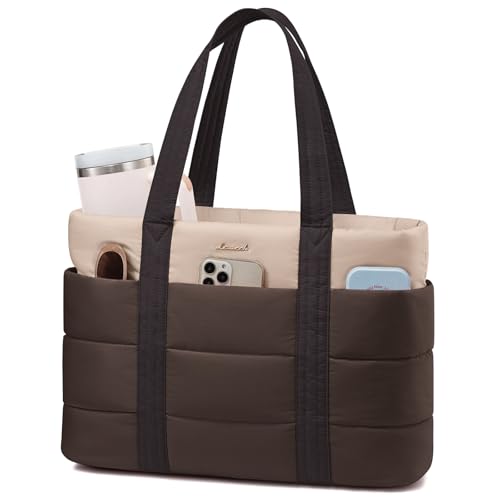 LOVEVOOK Tote Bag for Women, Large Puffer Work Tote Laptop Bag, Lightweight Travel Tote Bag with Zipper Gifts for Women - color: Khaki-coffee-a, size: 15.6 Inch