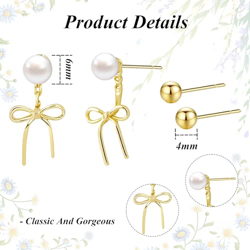 SmileBelle 2 Pairs Daisy Bow Gold Earrings Set for Women, Pearl Bow Earring for Women X Minimalist earrings Seashell Simple Dainty Earrings, Beach earring Gold Stud Earring for Women Trendy - style: Pearl earrings set