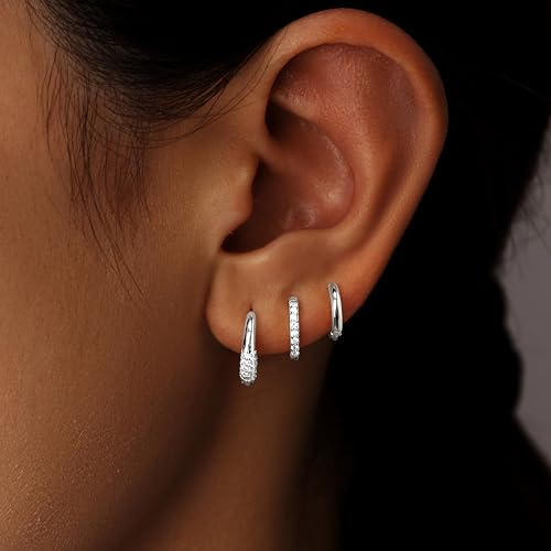 Poxtex Small Sterling Silver Huggie Hoop Earrings Set for Women, Hypoallergenic 14K Gold Plated Hoops Stacks for Multiple Piercings, Dainty Cute Mini Lightweight Cartilage Studs Trendy Jewelry Gift - color: Silver-Chunky CZ