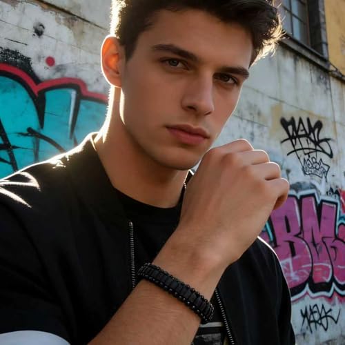 Men's Leather Bracelet, Stackable Stainless Steel Clasp Bracelets for Men Stylish Birthday, Thanksgiving, Valentine's Day Gift for My Man - style: 8.2" Black Beads