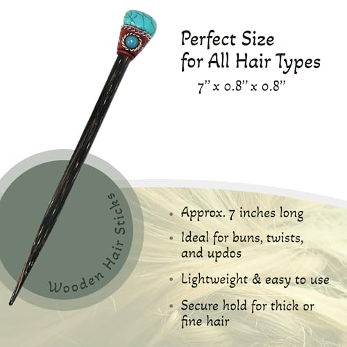 Mia Jewel Shop - Natural Tumbled Healing Gemstone Crystal Chonta Wooden Hair Sticks – Handmade Hair Sticks for Women | Hair Pins Boho Reiki Accessories, Fashion Gifts (Turquoise) - color: Turquoise