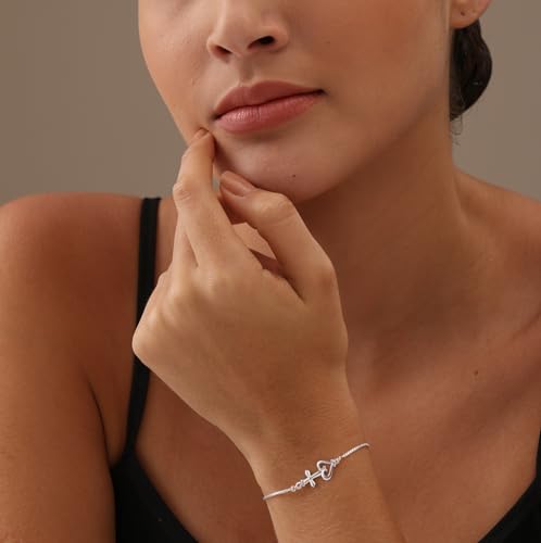 LeCalla 925 Sterling Silver Bracelets for Women | Italian Handmade Adjustable Sliding Bolo Bracelet Jewelry | Lightweight Adjustable Silver Chain Bracelet for Women | Hypoallergenic Jewelry Gifts - style: Cross Heart