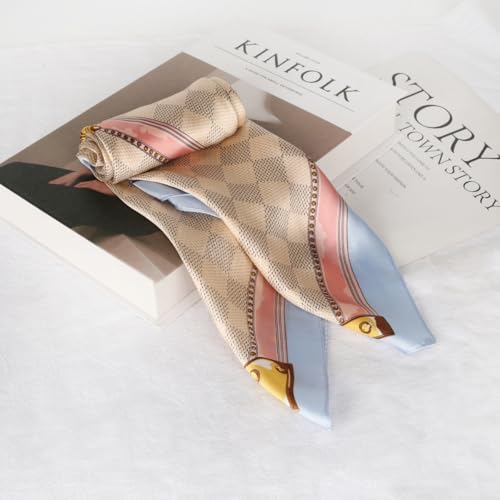 Relang Fashion Silk Satin Head Scarf for Women Hair Bandana Hair Scarf Wrap Neck Scarf for Women 27.5×27.5 inches - color: Beige Plaid With Blue Trim