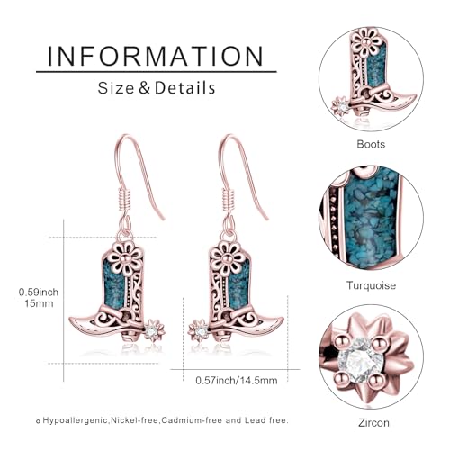 Western Earrings for Women 925 Sterling Silver Turquoise Western Country Dangle Drop Earrings Country Jewelry Gifts for Cowgirl Cowboy - style: Cowboy Boot-A Rose Gold