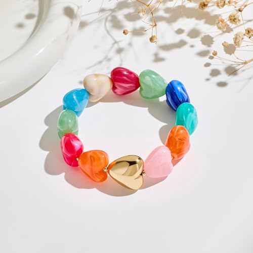 Multicolor Chunky Beaded Bracelet for Women Bold Acrylic Resin Stretch Bracelet Summer Beach Statement Bracelets Trendy Elastic Bangle Jewelry - color: Heart bracelet-colorful