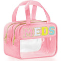 BuyCard Chenille Letter Clear Medicine Makeup Bag for Travel, Preppy Patch Nylon Cosmetic Meds Pouch with Handles and Zipper, Waterproof Large Travel Toiletry Bag Storage Case for Women Pink - color: Pink-MEDS
