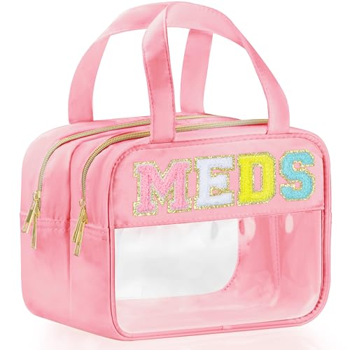 BuyCard Chenille Letter Clear Medicine Makeup Bag for Travel, Preppy Patch Nylon Cosmetic Meds Pouch with Handles and Zipper, Waterproof Large Travel Toiletry Bag Storage Case for Women Pink - color: Pink-MEDS