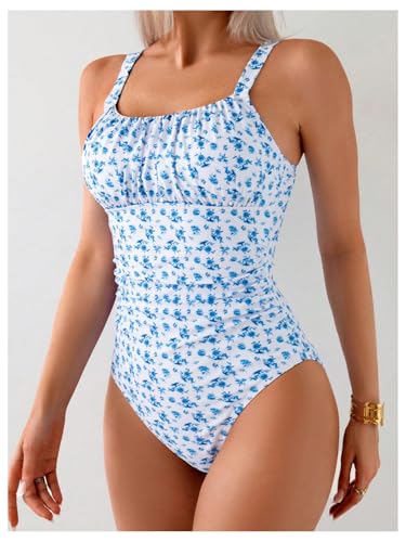 BEAUDRM Women's Boho Floral Print One Piece Swimsuit Y2K Bathing Suits Swimwear Beachwear - color: Floral Blue, size: Small