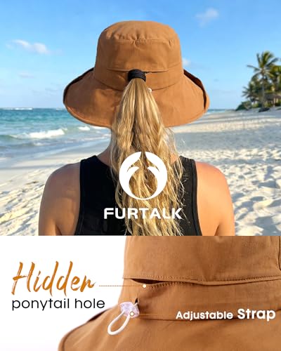 FURTALK Sun Hats for Women Wide Brim Ponytail Beach Sun Protection Hat with Fold-Up Brim Bucket Hat - color: Brown