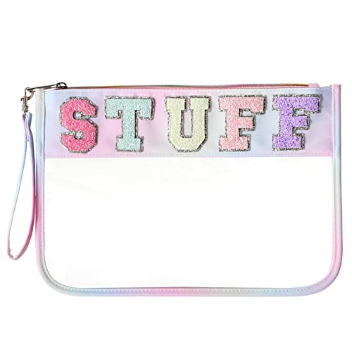 DYSHAYEN Chenille Letter Clear Zipper Pouch for Travel,Nylon Clear Cosmetic Bag,Makeup Travel Bag for Women Girls 11.8 Inches x 8.2 Inches - color: Multicoloured-Stuff