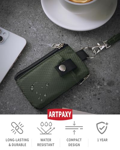Artpaxy Minimalist Wallet For Mens Womens, Keychain RFID Blocking Zipper Small Wallet with ID Window 2 Lanyards,Water Resistant Travel Cash Card Coin Case Boys Girls - color: Army Green, style: Classic