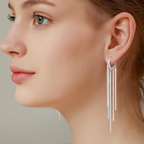 Long Dangle Earrings for Women 925 Sterling Silver/14K Gold Plated Tassel Chain Dangle Drop Earrings for Women Dainty Minimalist Dangling Drop Earrings for Prom Party Jewelry - style: Chain-4-Silver