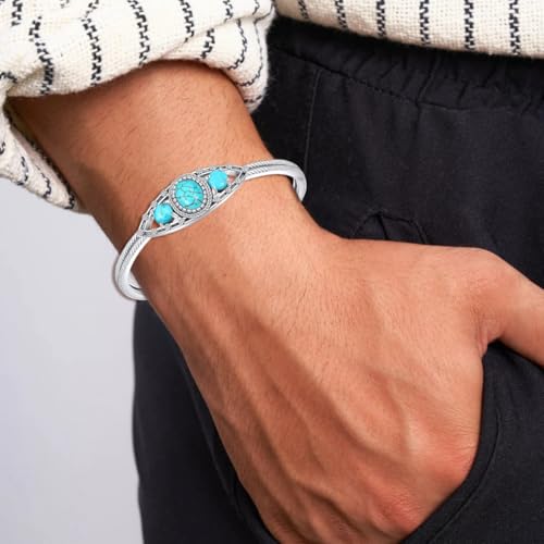 Genuine 3 Turquoise Stone Bracelet, Sterling Silver Boho Adjustable Large Bangle Cuff Native American Jewelry for Women, Fit for 6.5 7 7.5 Inches
