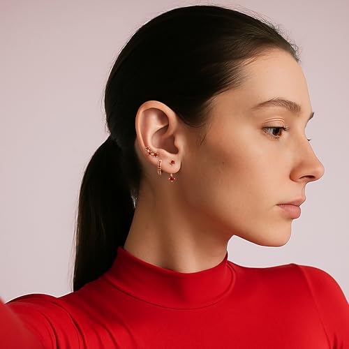3 Pairs Dainty Small 4th of July Earrings for Women Trendy, Birthstone Stud Huggie Hoop Jacket Stack for Cartilage Helix, Gold Plated Hypoallergenic Cute Women Fashion Accessories Western Jewelry Gifts - color: 01Red Created Garnet-Jan (Gold)