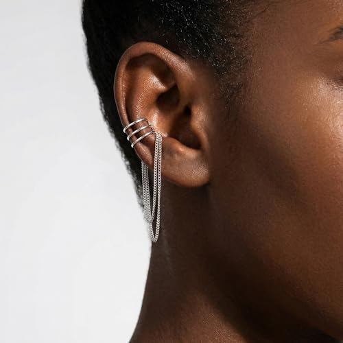 SLUYNZ 925 Sterling Silver No Piercing Cuff Earrings Chain for Women Wrap Earrings Tassel Clip On Ear - color: A-Silver