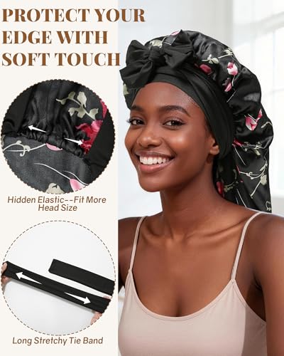 AWAYTR Long Satin Bonnet for Braids - Elastic Silk Hair Bonnets for Sleeping Night Cap Stretchy Tie Band for Women（Flower C） - color: Flower C