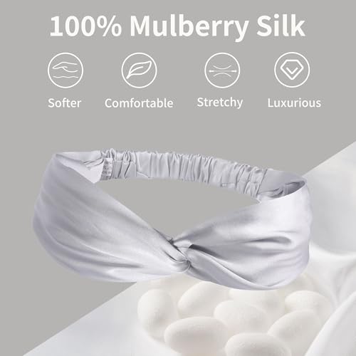 ZLYC Mulberry Silk Headband Elastic Twist Knotted Head Bands for Women's Hair, Solid Silver - color: Solid Silver