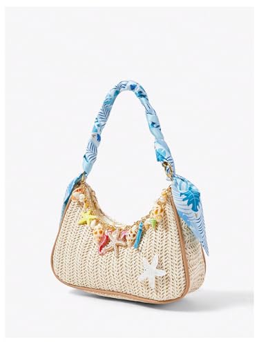 MakeMeChic Women's Straw Beach Purse Seashell Beaded Shoulder Handbags Summer Vacation Bags - color: Multicolor F