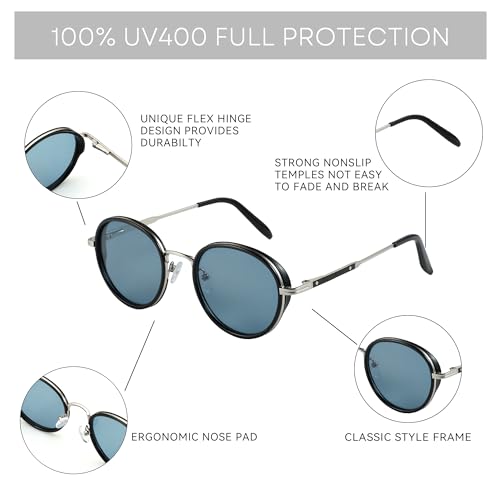 ZENOTTIC Retro Round Polarized Steampunk Sunglasses for Men Women-Circle Vintage Design Metal Frame UV400 Shades - color: C06 Silver Frame Blue Lens