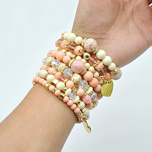 Bohemian Bracelet Sets for Women - 6 Sets Stackable Stretch Bracelets Multi-color Boho Jewelry for Women Hippie Bracelets Dainty Jewelry - color: Stackable bracelets with heart charm