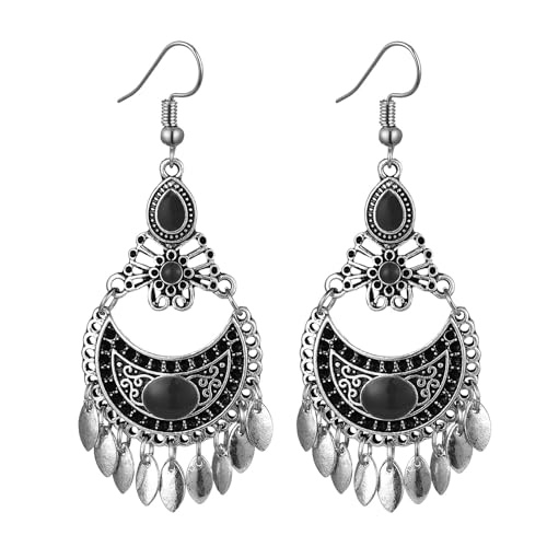 Vintage Boho Statement Drop Dangle Earrings for Women Bohemian Ethnic Handmade Beaded Charms Earring Bohemian Retro Chandelier Tassel Earrings Mexico Gypsy Jewelry Gift - color: Chandelier Earrings Black