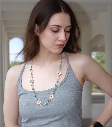 Long Gold Necklaces for Women Dainty Natural Stone Beaded Gold Necklace Mothers Day Gifts Boho Gold Costume Jewelry for Women - color: Turquoise