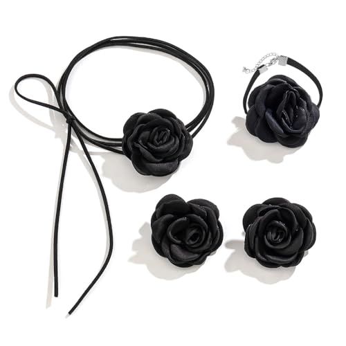OIDIMS Rose Flower Jewelry Set for Women Classic Velvet Camellia Satin Flowers Choker Necklace Sexy Charms Floral Earring Bracelet for Party Bride Wedding Party Summer Holiday Necklaces - color: Black