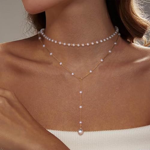 Vintage Pearl Y Lariat Necklace Layered Pearl Choker Necklace Gold Pearl Y Necklace Long Pearl Drop Necklace Wedding Pearl Pendant Necklace Jewelry for Women