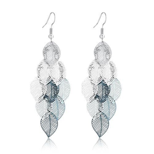 Silver Dangle Earrings For Women Trendy,Boho Cute Drop Western Earings,Vintage Gothic Ethnic Statement Beach Vacation Long Earrings with Leaf Teardrop Turquoise Crystal Tassels,Fashion Jewelry Birthday Gift. - color: A4) Clustered leaves Drop
