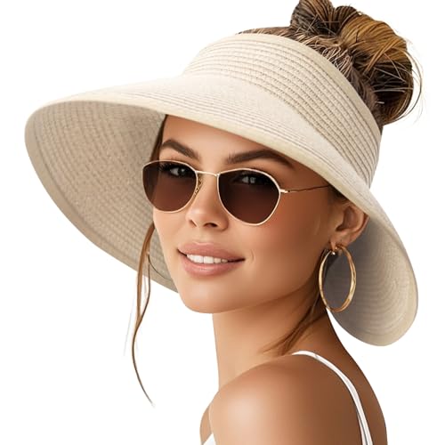 NPQQUAN Sun Visor Hats for Women Wide Brim Ponytail Straw Beach Hat Packable Foldable UPF 50+ Floppy Travel Hats - color: (Beige)), style: Classic