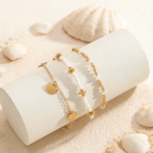 Starfish Seashell Ankle for Women ，14K Gold Bead Handmade Adjustable Plated Boho Shell Anklet ， Foot Chain Jewelry for Summer Beach Vacation - color: Seashell 3Pcs