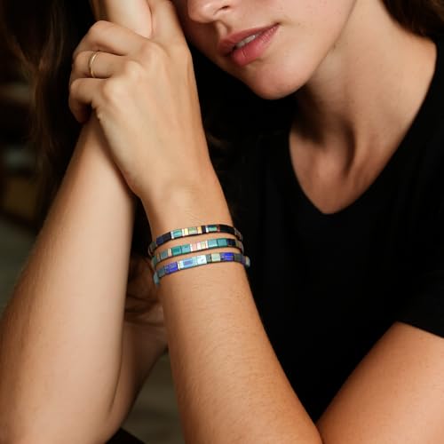Sonateomber Tila Flat Beaded Stretch Stack Bracelets Set for Women, Trendy Stackable Colorful Glass Square Beads Bracelet Friendship Accessories Jewelry Gift - color: Golden Brown Malachite Crystal Green Purple Black