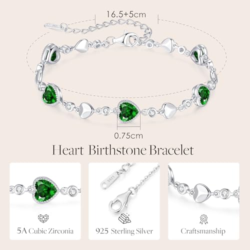 925 Sterling Silver Birthstone Heart Bracelet Jewelry Gift for Women | Rose Gold Plated Bracelets,Hypoallergenic,Adjustable Chain Personalized Anniversary Christmas Jewelry Gift for Mom Wife - color: Sterling Silver-05-May