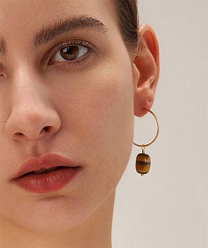 Gold Plated Huggie Hoop Earrings with Charms Fashion Pearl Drop Dangle Earrings for Women Handmade Karma Circle Jewelry for Ladies Lightweight Pearl Earrings on Christmas - color: Tiger Eye