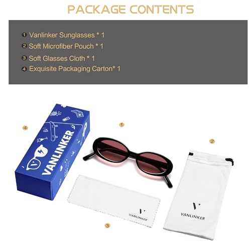 VANLINKER Polarized Retro Oval Sunglasses for Women and Men Small 90s Style VL9580 - color: C20 Black Frame/Red Lens