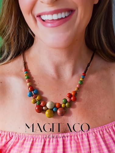 Magitaco Chunky Boho Statement Necklace for Women - Handmade Colorful Ceramic Beaded Hippie Jewelry, Adjustable Long Bohemian Necklaces for Casual Wear
