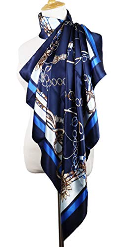 vabovin Satin Head Scarf for Women Silk Like Hair Scarf, 35 x 35 in | Silk Feel Fabric, Hair Wrap for Sleeping, Headscarf and Neck Scarf, Square Bandana Style, Fashion Accessory - color: 011 Blue Chain Print