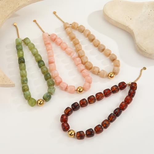 Colorful Beaded Choker Necklace for Women Boho Large Square Acrylic Beaded Necklace Adjustable Surfer Beach Strand Necklces Summer Jewelry Accessories - color: White