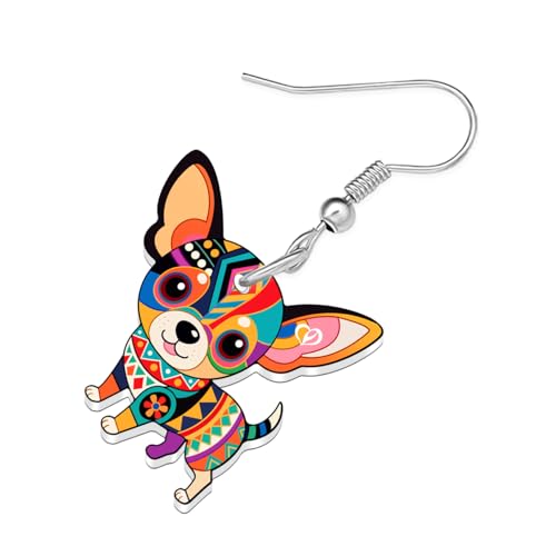 BONSNY Colorful Cute Chihuahua Dangle Earrings Mexican Folk Art Style Dog Pets Design Gifts for Chihuahua Lovers Women Fun Hypoallergenic Jewelry Accessories - color: Multicolor